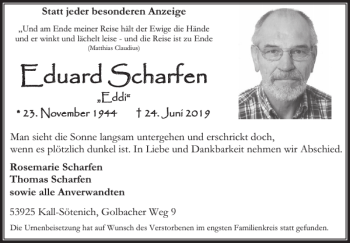 Traueranzeige von Eduard Scharfen von Wochenspiegel