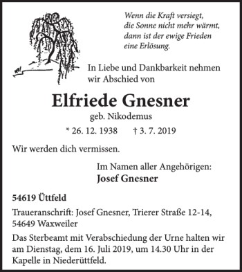 Traueranzeige von Elfriede Gnesner von Wochenspiegel