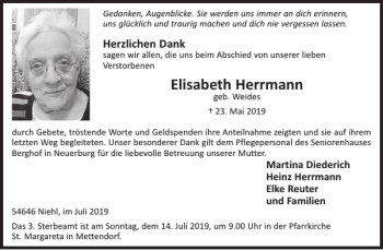 Traueranzeige von Elisabeth Herrmann von Wochenspiegel