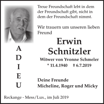 Traueranzeige von Erwin Schnitzler von Wochenspiegel