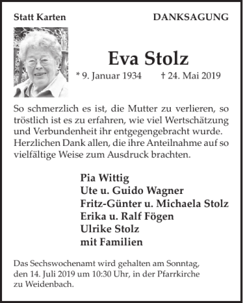 Traueranzeige von Eva Stolz von Wochenspiegel