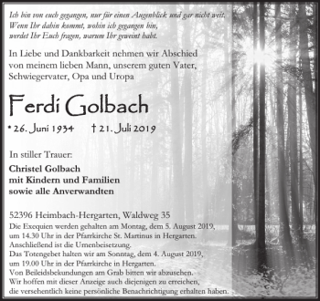 Traueranzeige von Ferdi Golbach von Wochenspiegel