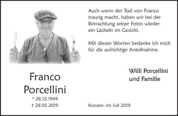 Traueranzeige von Franco Porcellini von Wochenspiegel