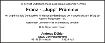 Traueranzeige von Franz-Jüpp Prümmer von Wochenspiegel