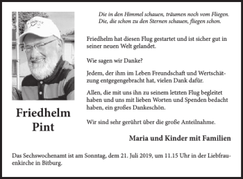 Traueranzeige von Friedhelm Pint von Wochenspiegel