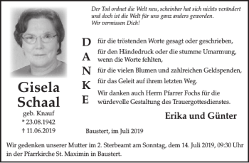 Traueranzeige von Gisela Schaal von Wochenspiegel