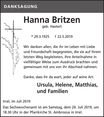 Traueranzeige von Hanna Britzen von Wochenspiegel