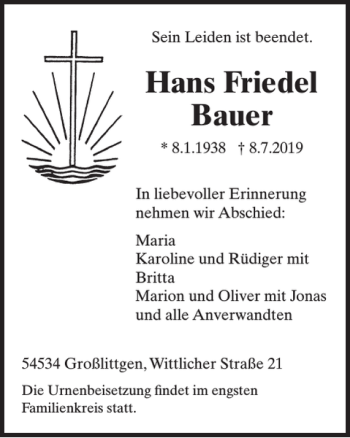 Traueranzeige von Hans Friedel Bauer von Wochenspiegel