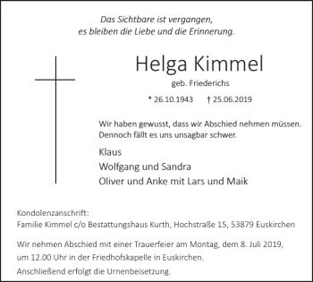 Traueranzeige von Helga Kimmel von WochenSpiegel