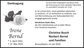 Traueranzeige von Irene Bernd von Wochenspiegel