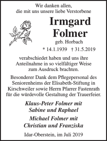 Traueranzeige von Irmgard Folmer von Wochenspiegel