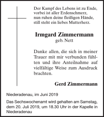 Traueranzeige von Irmgard Zimmermann von WochenSpiegel