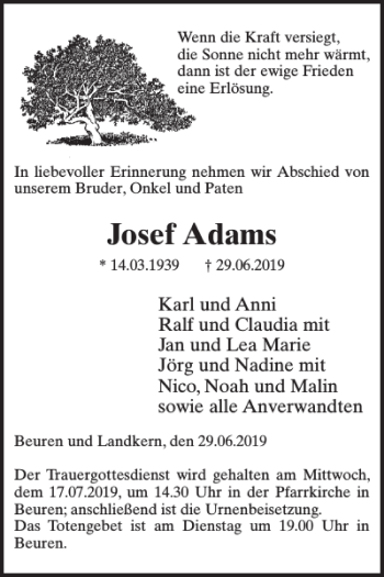 Traueranzeige von Josef Adams von Wochenspiegel