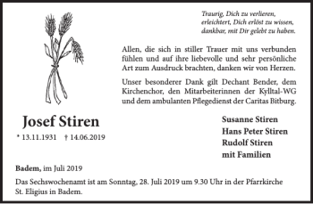 Traueranzeige von Josef Stiren von Wochenspiegel