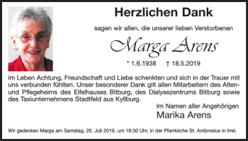 Traueranzeige von Marga Arens von Wochenspiegel