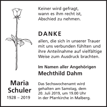 Traueranzeige von Maria Schuler von Wochenspiegel