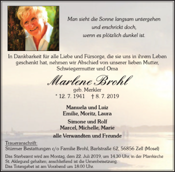 Traueranzeige von Marlene Brohl von WochenSpiegel