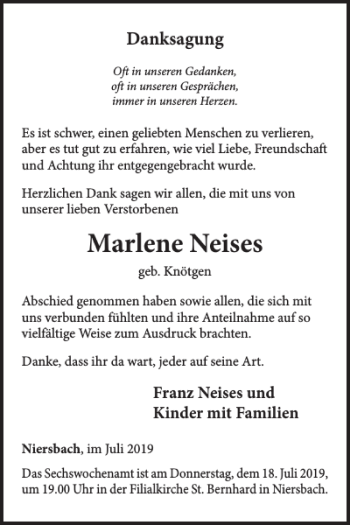 Traueranzeige von Marlene Neises von Wochenspiegel