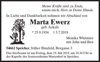 Traueranzeige von Marta Ewerz von Wochenspiegel