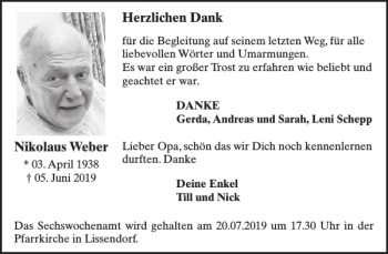 Traueranzeige von Nikolaus Weber von Wochenspiegel