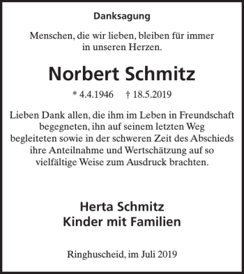 Traueranzeige von Norbert Schmitz von Wochenspiegel