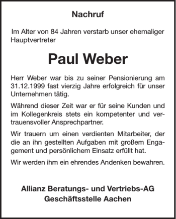 Traueranzeige von Paul Weber von WochenSpiegel