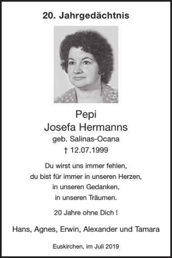 Traueranzeige von Pepi Josefa Hermanns von Wochenspiegel