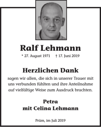 Traueranzeige von Ralf Lehmann von Wochenspiegel