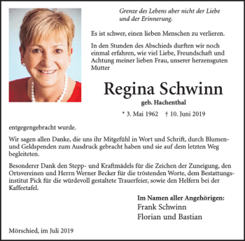 Traueranzeige von Regina Schwinn von Wochenspiegel