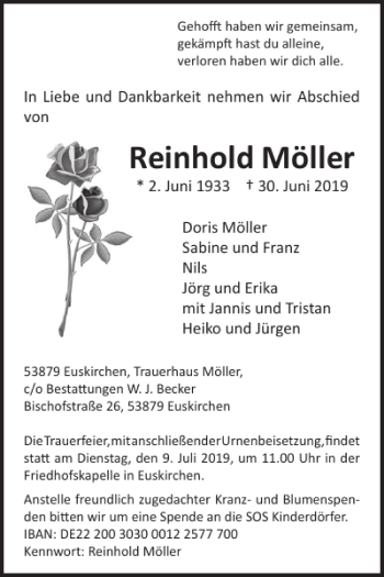 Traueranzeige von Reinhold Möller von WochenSpiegel