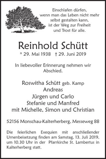 Traueranzeige von Reinhold Schütt von WochenSpiegel