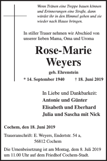 Traueranzeige von Rose-Marie Weyers von WochenSpiegel