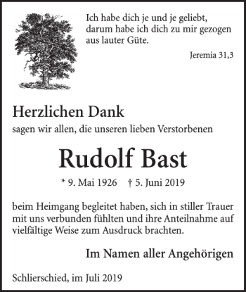 Traueranzeige von Rudolf Bast von Wochenspiegel