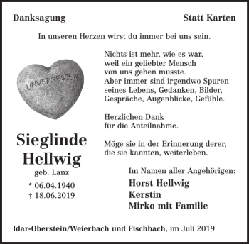 Traueranzeige von Sieglinde Hellwig von Wochenspiegel