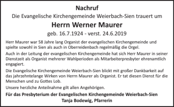 Traueranzeige von Werner Maurer von Wochenspiegel