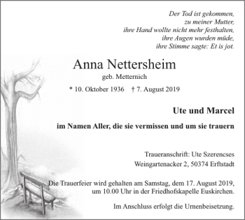 Traueranzeige von Anna Nettersheim von Wochenspiegel