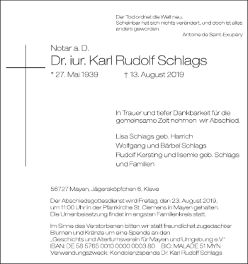 Traueranzeige von Dr. jur. Karl Rudolf Schlags von WochenSpiegel