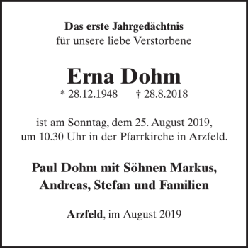 Traueranzeige von Erna Dohm von Wochenspiegel