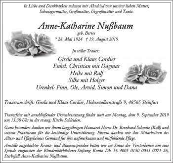 Traueranzeige von Anne-Katherine Nußbaum von Wochenspiegel