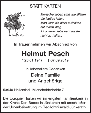 Traueranzeige von Helmut Pesch von Wochenspiegel