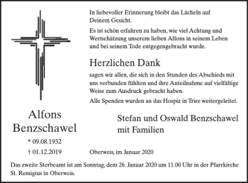 Traueranzeige von Alfons Benzschawel von WochenSpiegel