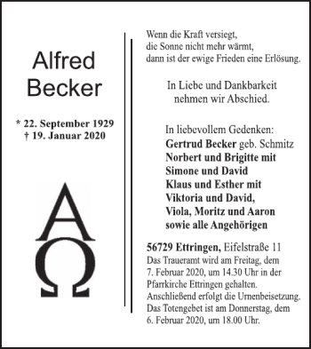 Traueranzeige von Alfred Becker von WochenSpiegel