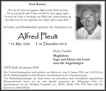 Traueranzeige von Alfred Pleuß von WochenSpiegel