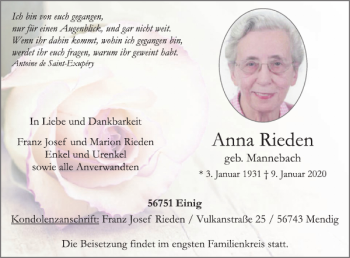 Traueranzeige von Anna Rieden von WochenSpiegel