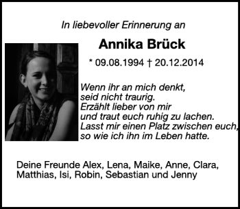 Traueranzeige von Annika Brück von WochenSpiegel