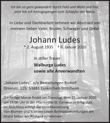 Traueranzeige von Johann Ludes von WochenSpiegel