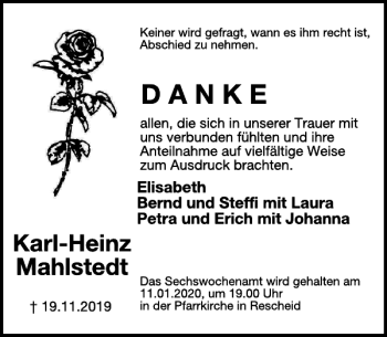 Traueranzeige von Karl-Heinz Mahlstedt von WochenSpiegel