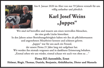 Traueranzeige von Karl Josef Weins Juppes von WochenSpiegel