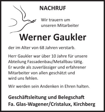 Traueranzeige von Werner Gaukler von WochenSpiegel