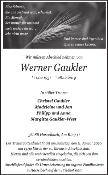 Traueranzeige von Werner Gaukler von WochenSpiegel